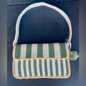💚💛👛Sage and White Striped, with Yellow Trim Beaded Handbag